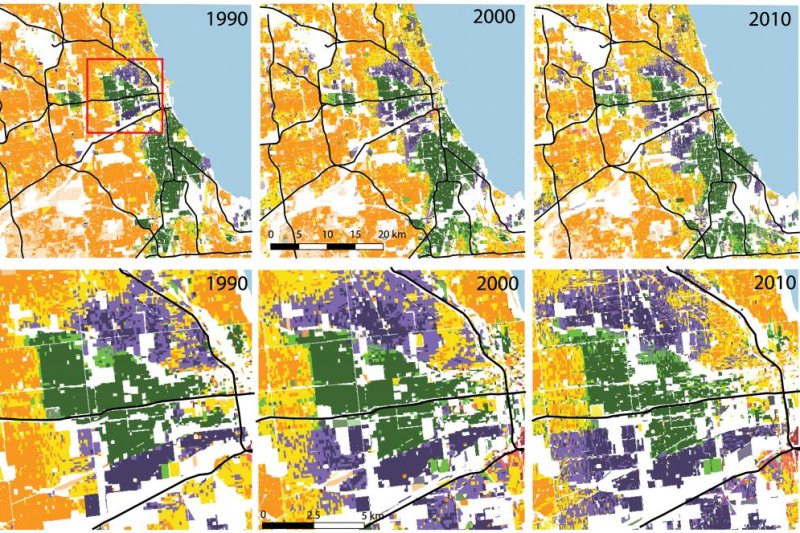 The maps show racial diversity in the Chicago area in 1990, 2000, and 2010. Photo by Dmowska/Stepinski/Netzel/PLOS ONE