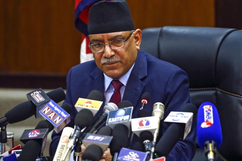 Nepalese Prime Minister Pushpa Kamal Dahal, known as Prachanda, announces his resignation during press conference at his office in Kathmandu, Nepal, on Wednesday. Photo by Narendra Shrestha/EPA