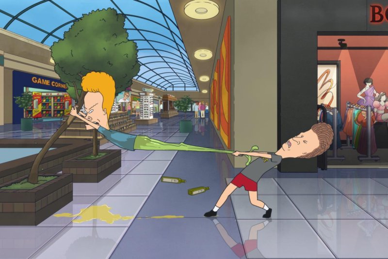 Butt-Head tries to extricate Beavis from a pair of yoga pants. Photo courtesy of Paramount+