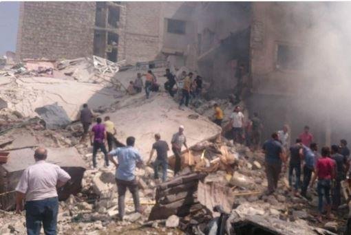 Crews from volunteer search and rescue organization Syria Civil Defense search for victims of an airstrike in the Syrian city of Idlib. Photo courtesy of Syria Civil Defense/Twitter