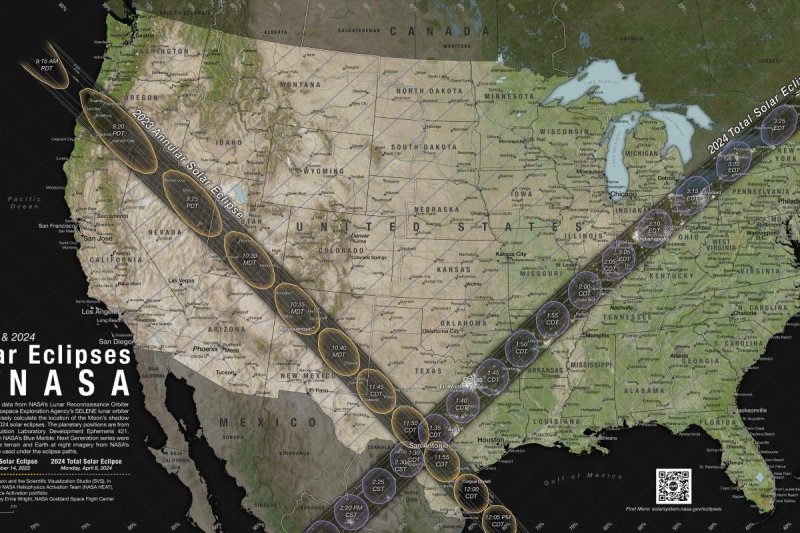 NASA has released this detailed map charting the path that an annular eclipse will take in October 2023 and the path that a total eclipse will take in April 2024. Image courtesy of NASA