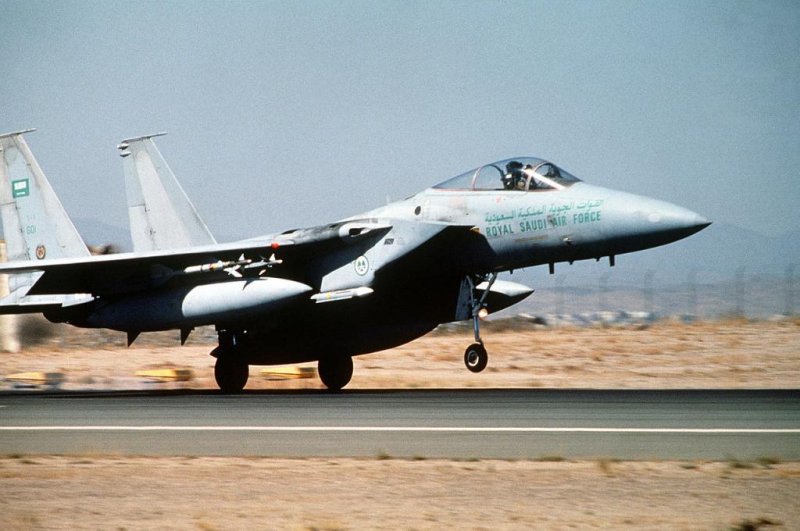 An F-15 fighter plane, an element of the Royal Saudi Air Force. The Saudi-led coalition warned residents of Saada province, Yemen, to vacate Friday, then carried out airstrikes on Houthi rebels there. Photo Courtesy of wikimedia.org/ H. Deffner/ U.S. Department of Defense.