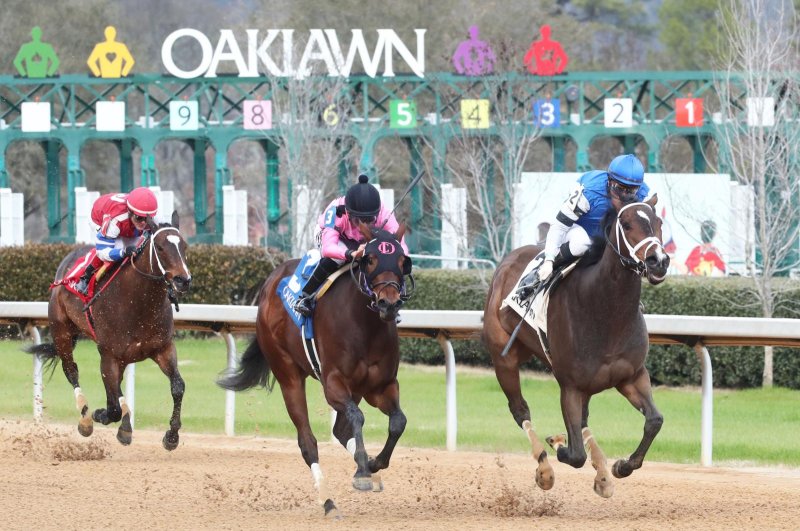 Hot and Sultry (blue colors) wins Saturday's American Beauty Stakes at Oaklawn Park. Coady Photography, courtesy of Oaklawn Park