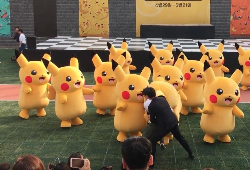 A dancing Pikachu was yanked off stage during an event in South Korea after its costume began to deflate in the middle of the performance.  Screen capture/Green Lime/YouTube