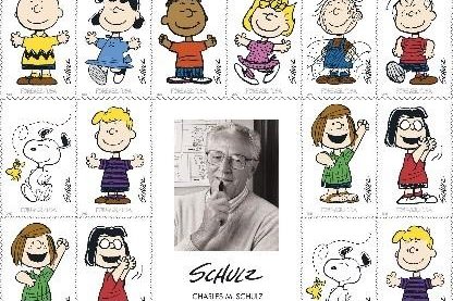 The U.S. Postal Service will release 10 stamps that feature "Peanuts" characters to commemorate the centennial of creator Charles M. Schulz's birth. Image courtesy of the U.S. Postal Service