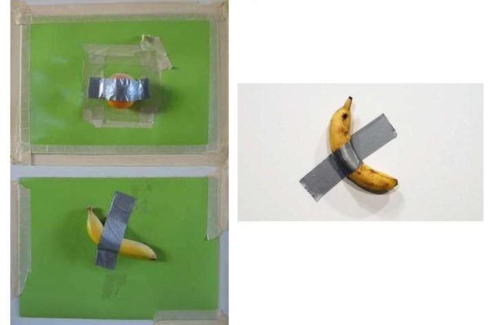 Maurizio Cattelan, an artist who duct taped a banana to a wall that sold for more than $390,000 at Art Basel in Miami in 2019, has responded to a copyright lawsuit filed against him by another artist who said Cattelan stole the idea for his work. Joe Morford's "Orange and Banana" is pictured left while Cattelan's "Comedian" is seen right. Photo courtesy of U.S. District Court for the Southern District of Florida.