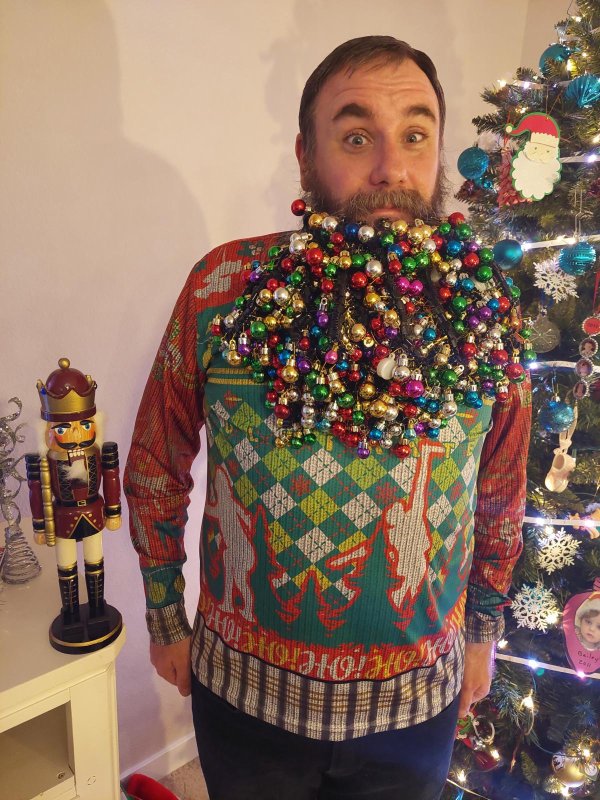 Joel Strasser of Kuna earned the Guinness World Record for most beard baubles in a beard when he managed to affix the 710 ornaments to his facial hair. Photo courtesy of Guinness World Records