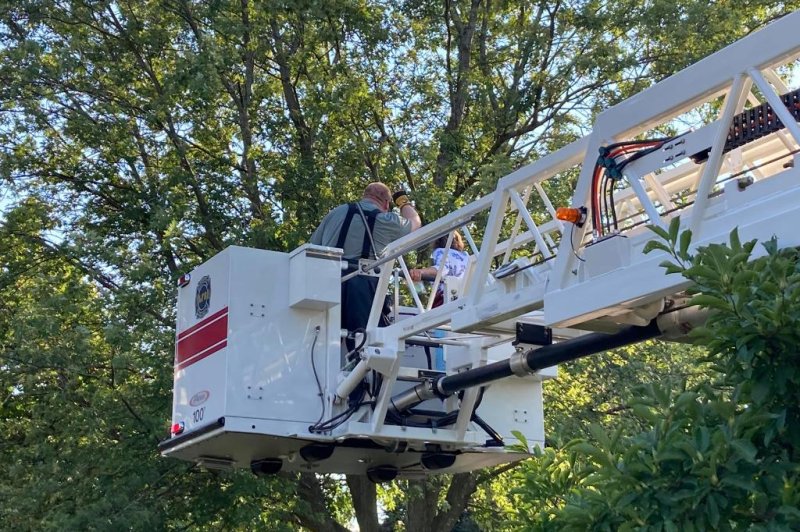Firefighters in Ludington, Mich., came to the rescue of a parrot that escaped from her owner's home and perched in a high branch of a maple tree. <a href="https://www.facebook.com/photo?fbid=431878805646884&amp;set=pcb.431879292313502">Photo courtesy of the City of Ludington Fire Department/Facebook</a>
