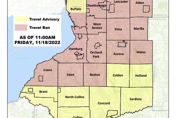 Erie County (N.Y.) Executive Mark Poloncarz tweeted this map of travel advisory and ban zones amid a major snowstorm Friday. Photo courtesy of Erie County