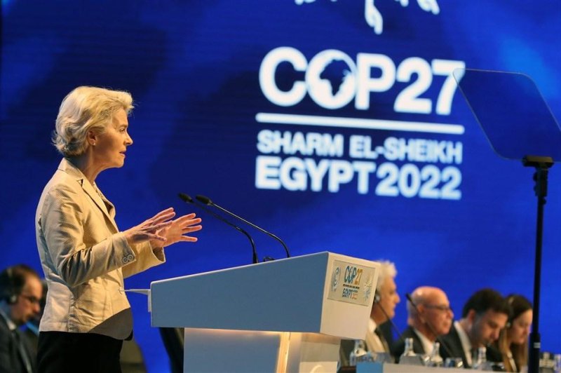 European Commission President Ursula von der Leyen speaks during the 2022 United Nations Climate Change Conference (COP27), in Sharm El-Sheikh, Egypt, on Tuesday. Photo by Khaled Elfiqi/EPA-EFE