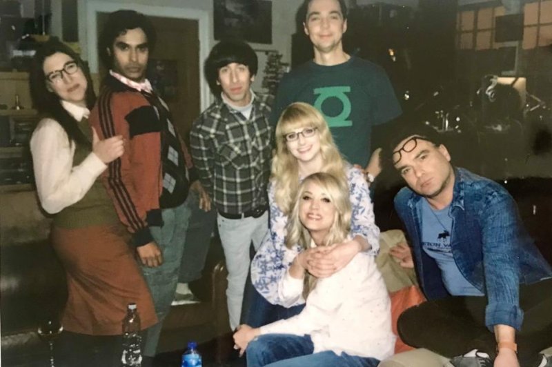 From left to right, Mayim Bialik, Kunal Nayyar, Simon Helberg, Melissa Rauch, jim Parsons, Kaley Cuoco and Johnny Galecki relax behind the scenes of "The Big Bang Theory." Photo courtesy of Kaley Cuoco
