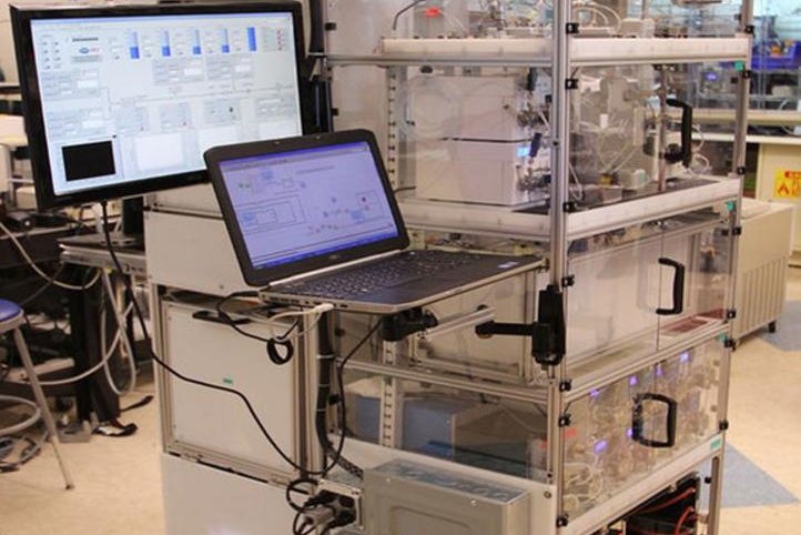 On-demand drug-synthesizing machine is the size of a refrigerator. Photo courtesy MIT