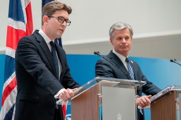 British MI5 Director General Ken McCallum (L) with U.S. FBI Director Christopher Wray in London July 6, 2022. On Wednesday McCallum delivered a sober national security threat assessment outlining long-term, complex long-term threats from nations like Russia, China and Iran as well as terrorism threats. Photo courtesy British MI5 Security Service.