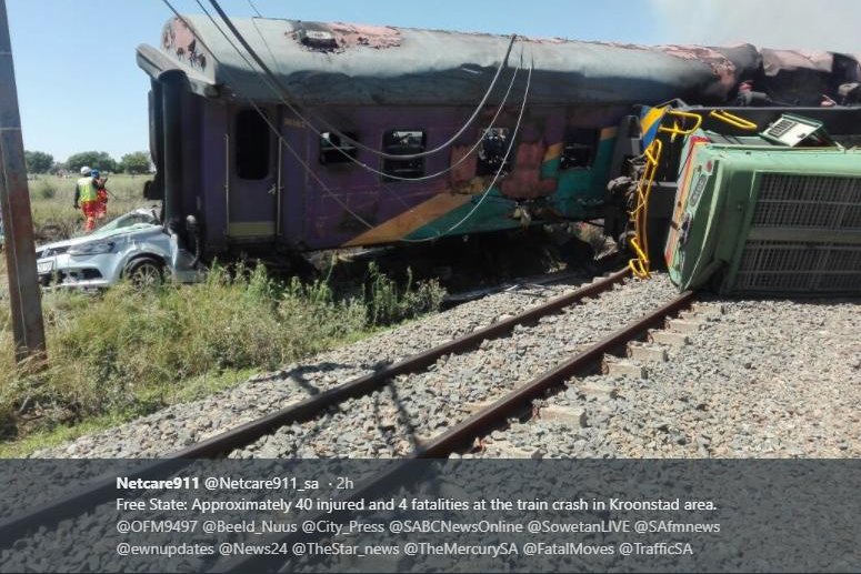 Four people were killed and dozens injured in South Africa’s Free State province Thursday when a train collided with a truck. Photo courtesy Netcare911/Twitter