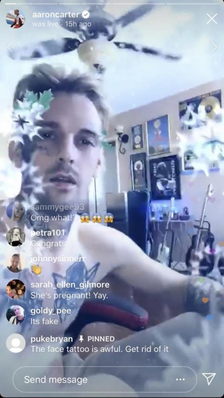 Aaron Carter announced his girlfriend, Melanie Martin, is pregnant, after getting back together with Martin. Screenshot via aaroncarter/Instagram Live