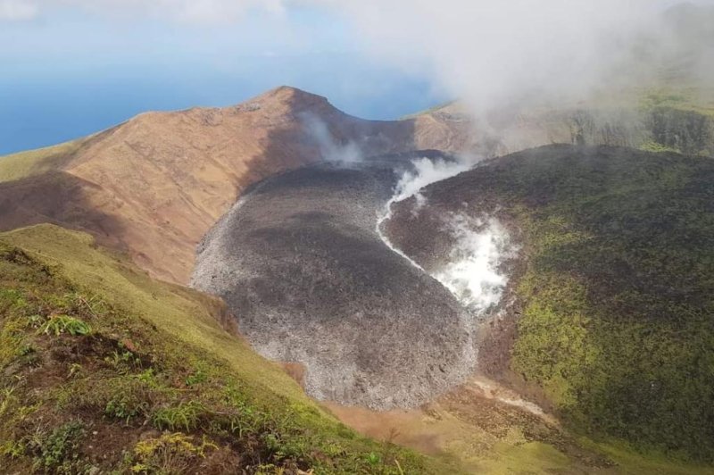 The volcano on St. Vincent island began showing increased signs of steaming and smoking earlier Thursday. Photo courtesy of the&nbsp;National Emergency Management Organization