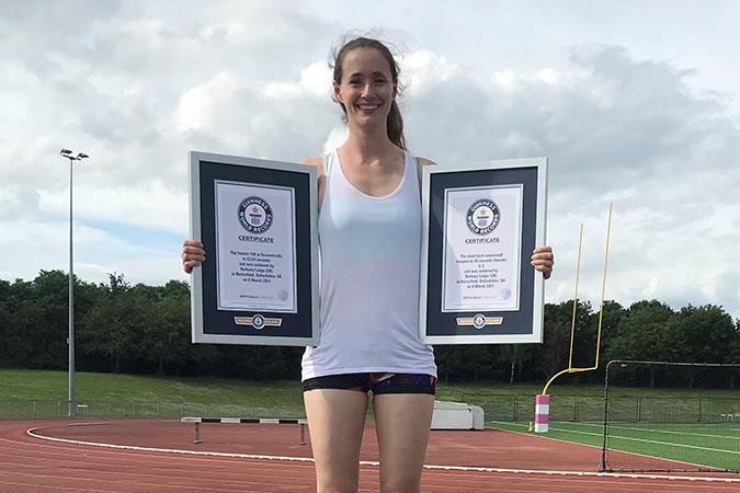 British gymnast&nbsp;Bethany Lodge broke the Guinness World Records for&nbsp;most back somersault burpees in 30 seconds and fastest 100 meter forward rolls. Photo courtesy of Guinness World Records