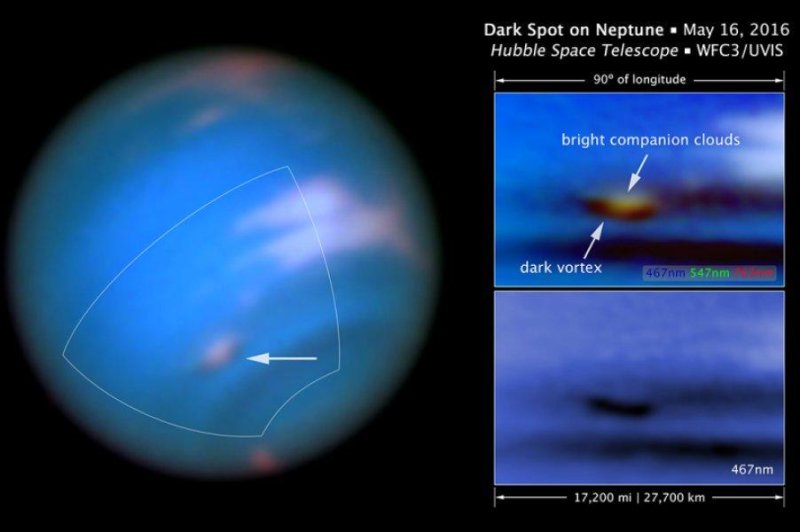 Imagery captured in May by the Hubble Space Telescope revealed a new dark spot on Neptune. Photo by Hubble/Space Telescope Science Institute