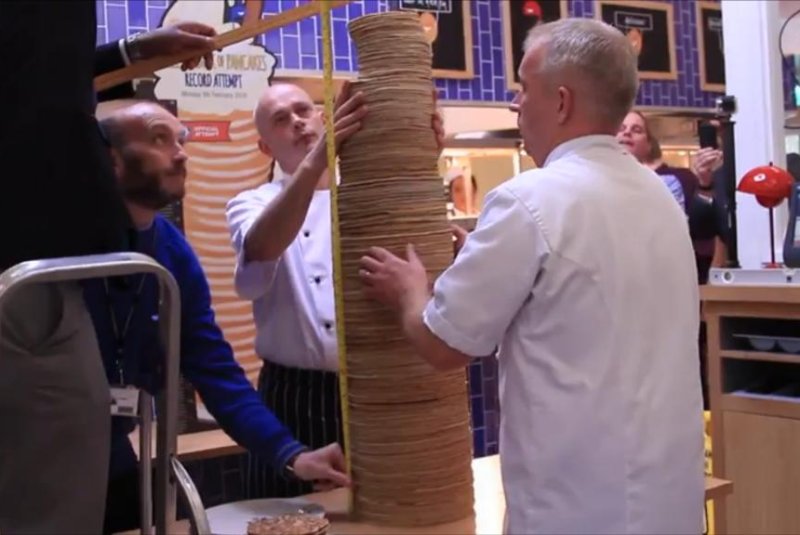 A record-breaking 3-foot, 4-inch stack of pancakes at the Center Parcs Sherwood Forest in Rufford, England. Screenshot: Newsflare