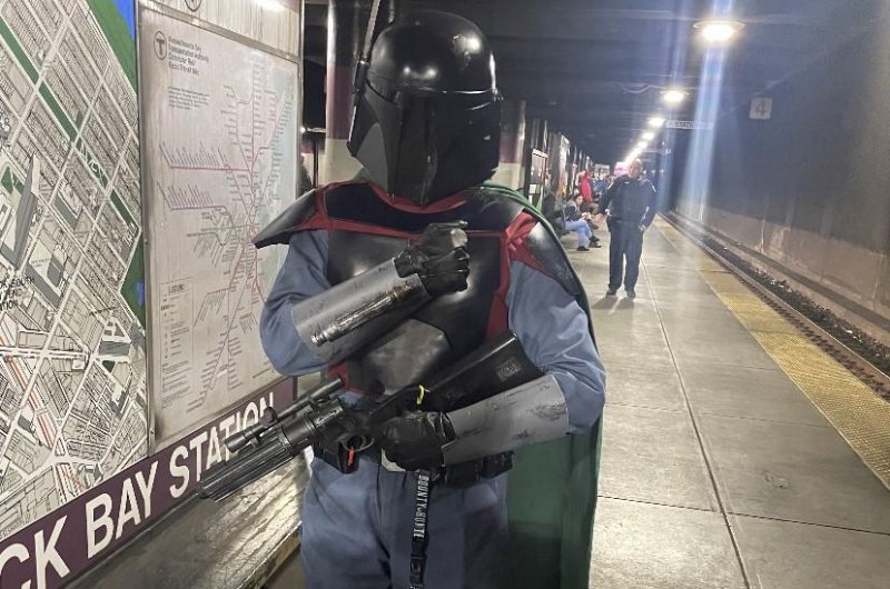 Transit police in Boston responded to reports of a person with a long gun at a busy station only to find someone dressed in a Boba Fett costume with a replica weapon. Photo courtesy MBTA Transit Police/Twitter
