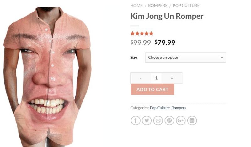 Online clothing retailer Getonfleek is offering a men's "Kim Jong Un Romper" featuring a print of a close-up photo of the North Korean leader's face.  Screen capture/<a class="tpstyle" href="https://getonfleek.com/product/kim-jong-un-romper/">Getonfleek</a>