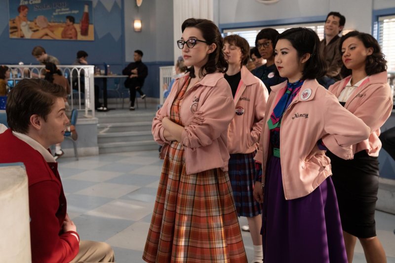 From left, Jason Schmidt, Marisa Davila, Ari Notartomaso, Shanel Bailey, Tricia Fukuhara,, Alexis Sides and Cheyenne Wells star in "Grease: Rise of the Pink Ladies." Photo courtesy of Paramount+