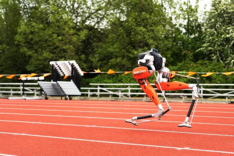 Cassie, a bipedal robot developed at Oregon State University, broke a Guinness World Record by running 100 meters in 24.73 seconds. Photo courtesy of Oregon State University