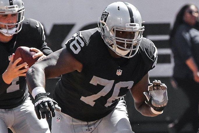 The Indianapolis Colts signed free-agent tackle J'Marcus Webb (76) and waived injured tackle Jared Machorro, the team announced Monday. Photo courtesy of Oakland Raiders/Twitter