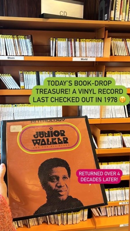A vinyl record of "Anthology" by Junior Walker and The All Stars was returned to a Boston Public Library branch 47 years past its due date. Photo courtesy of the Jamaica Plain Branch of the Boston Public Library/Facebook