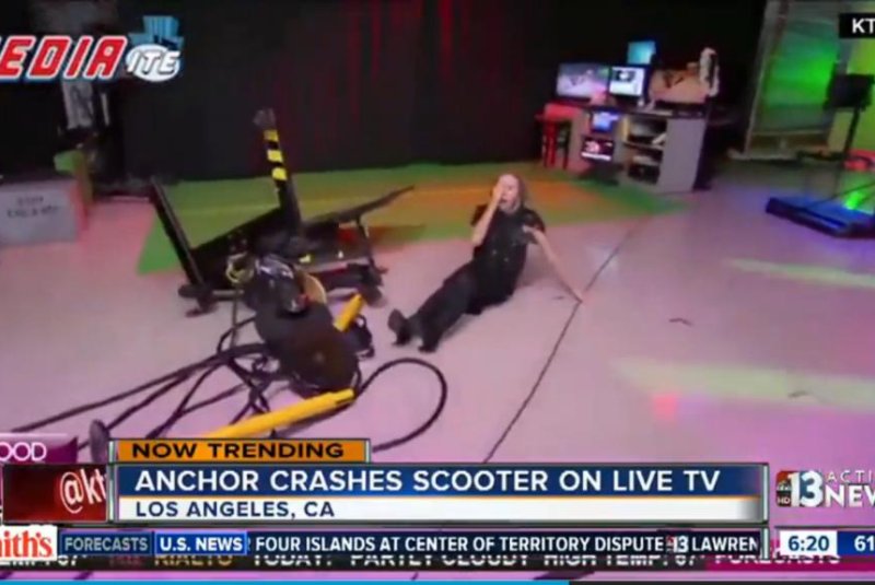 KTTV Good Morning LA anchor Lisa Breckenridge crashed an electric scooter in the studio. Screenshot: KTNV-TV