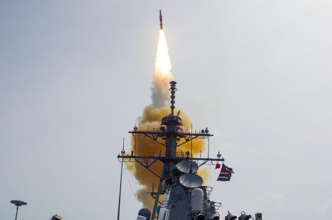 A missile is launched from the USS John Paul Jones during a Missile Defense Agency and U.S. Navy test over the Pacific Ocean by the AEGIS baseline system in 2014. Photo courtesy Missile Defense Agency