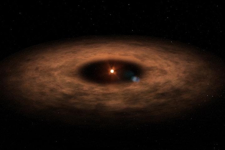 An artistic rendering imagines the newly discovered Neptune-sized planet in the protoplanetary disk of the nearby star AU Mic. Photo by NASA's Goddard Space Flight Center<br>