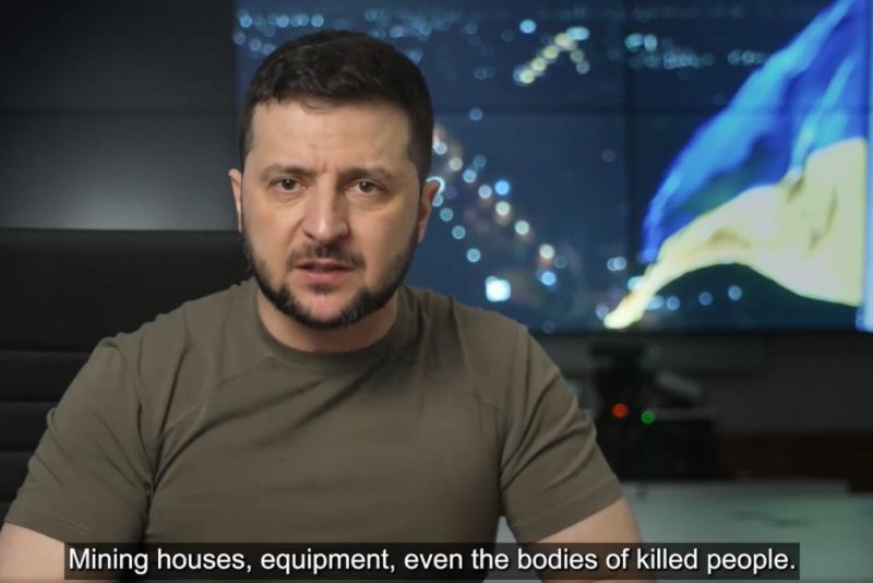 President Volodymyr Zelensky alleged Friday that Russian troops were leaving mines behind, including in dead bodies, while retreating from the northern region of Ukraine. Photo courtesy Volodymyr Zelensky/Facebook