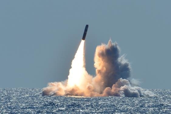 An unarmed Trident II D5 missile launches from the Ohio-class ballistic missile submarine USS Nebraska off the coast of California as part of a test launch. Photo by Mass Communication Specialist 1st Class Ronald Gutridge/U.S. Navy