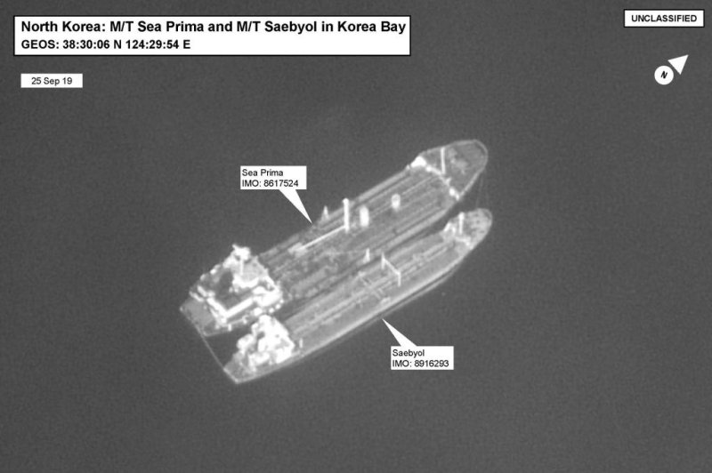 According to the U.S. treasury Department this photo from September 2019 shows the ship Courageous, then named Sea Prima, conducting a transfer of refined petroleum with the DPRK vessel Saebyol, which then delivered the cargo to the DPRK. <a href="https://home.treasury.gov/news/press-releases/jy1000">Photo courtesy of U.S. Treasury Department</a>