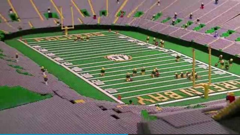 A scale model of Lambeau Field made from more than 130,000 Lego pieces is on display at the Neville Public Museum in Green Bay. WMTV video screenshot