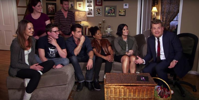 To celebrate one year as host of "The Late Late Show," James Corden (R) aired the latest episode of his talk show live from a fans house. (L-R) Colin Farrell, Wanda Sykes and Demi Lovato also joined in on the fun as guests on the show. Photo courtesy of CBS/Youtube