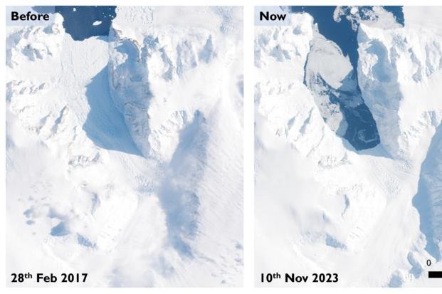 The Cadman Glacier retreated about 5 miles between November 2018 and May 2021 as oceans warmed and the ice shelf thinned, according to new research. Photo courtesy of European Commission, European Space Agency, Copernicus Sentinel-2 Data, Benjamin Wallis