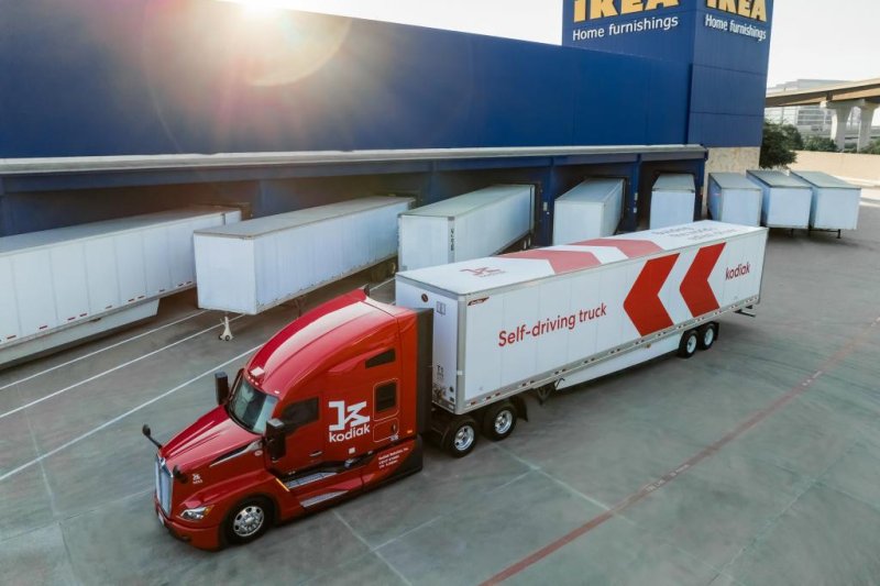 A self-driving truck from Kodiak Robotics has been making deliveries between IKEA's distribution center in Bayton, Texas, to the IKEA store in Frisco, Texas. Photo courtesy of Kodiak Robotics