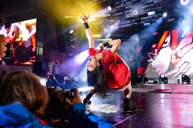 Nanami "Seven Seas" Nagura, the air guitar world champion for 2014 and 2018, competes in the 2019 Air Guitar World Championships in Oulu, Finland. The competition returns to the live stage Friday after being postponed by the COVID-19 pandemic in 2020 and 2021. Photo courtesy of Juuso Haarala