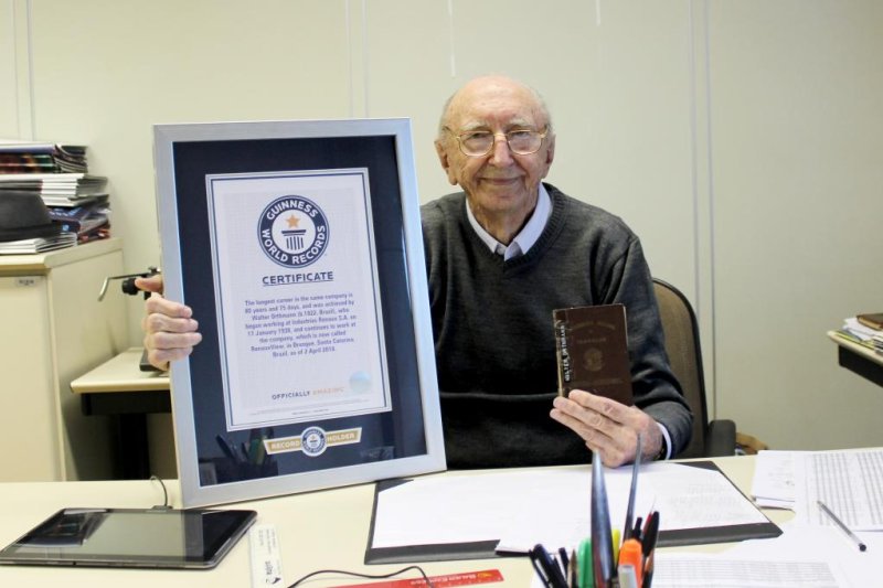 Walter Orthmann, 100, was awarded a Guinness World Record after working for 84 years and 9 days at the same company. Photo courtesy of Guinness World Records