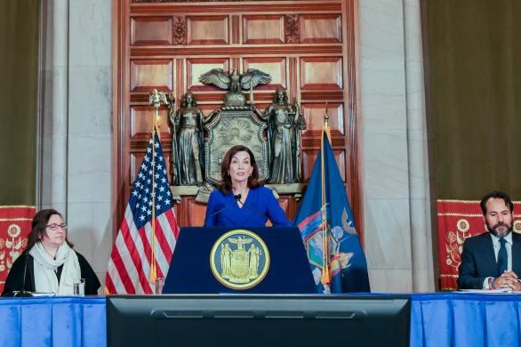 Gov. Kathy Hochul makes a budget announcement in the Red Room of the Capitol. Photo courtesy Mike Groll/Office of Governor Kathy Hochul