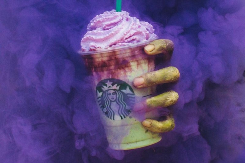 Starbucks' Zombie Frappuccino includes tart apple and caramel that is topped with pink whipped cream “brains” and red mocha drizzle. Photo courtesy <a class="tpstyle" href="https://news.starbucks.com/facts/starbucks-zombie-frappuccino">Starbucks</a>