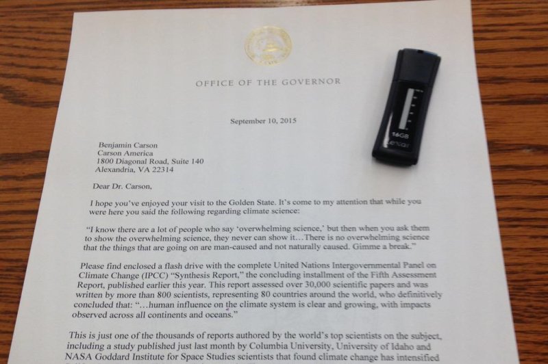 On Sept. 10, Gov. Jerry Brown of California sent a letter and flash drive to Republican presidential candidate Ben Carson with evidence that Carson's denial of climate change is unfounded. Photo courtesy of Gov. Brown Press Office/Twitter