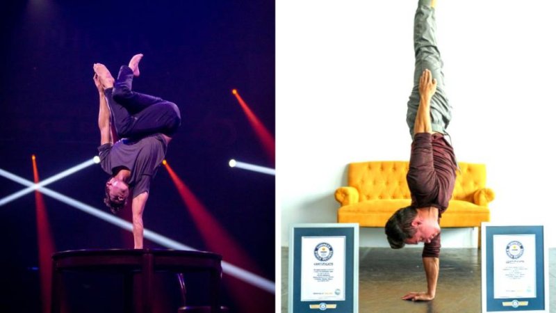 Nicolas Montes de Oca earned the Guinness World Records for longest duration to perform a single arm handstand (male) and longest duration to perform a handstand on a rotating platform (male). Photo courtesy of Guinness World Records