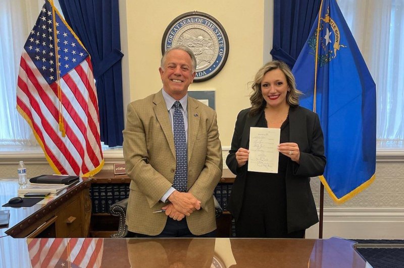 Nevada's Republican Gov. Joe Lombardo and State Senate Majority Leader Nicole Cannizzaro pose after signing a bill protecting those traveling to the state for an abortion. Photo courtesy of Nicole Cannizaro Office