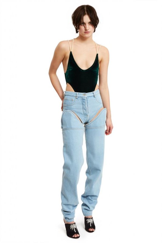The $425 "Detachable Cut-Out Front Jeans" by Y/Project feature pant legs connected to shorts via buttons. Photo by OpeningCeremony.com