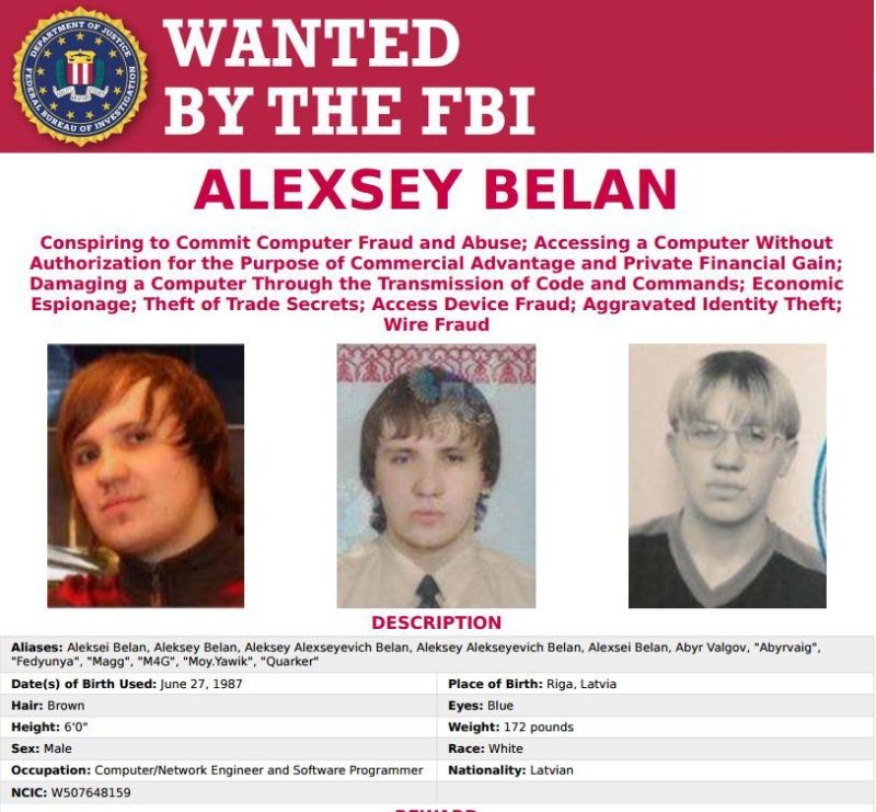 The FBI arrested hacker Alexsey Belan, who is accused of searching for and stealing financial information, including gift card and credit card numbers, from users' Yahoo email accounts. Photo courtesy FBI