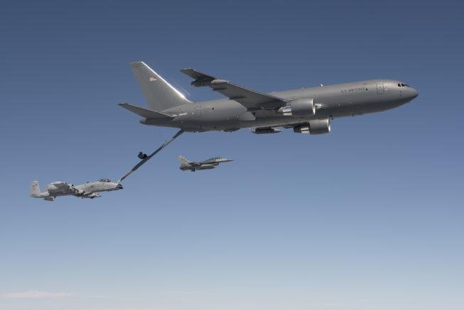 A KC-46 Pegasus refuels an A-10 Thunderbolt II with 1,500 pounds of fuel July 15, 2016. The mission was the last of all flight tests required for the tanker’s Milestone C production decision. Photo by John D. Parker/Boeing