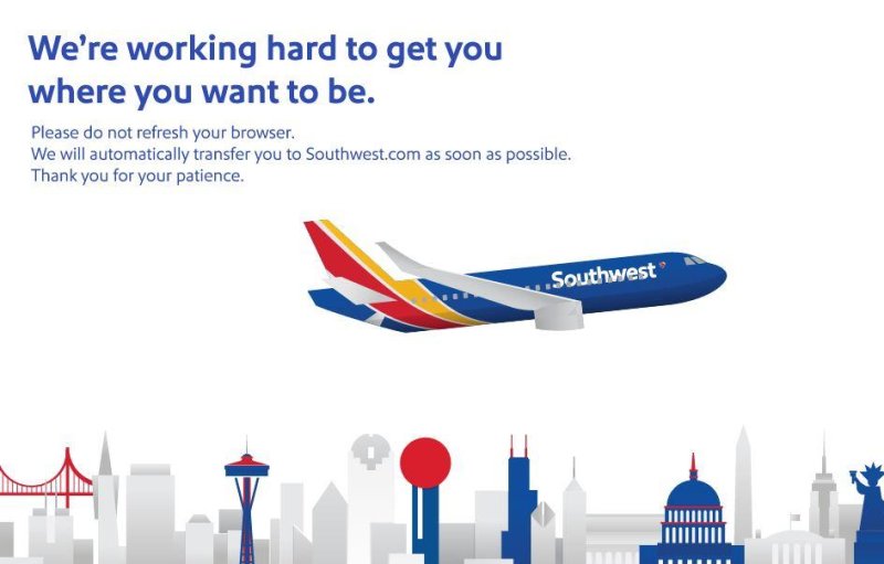 Customers trying to buy tickets or check-in for their flights Wednesday were greeted with this screen for about three hours as a computer glitch delayed hundreds of flights still on the ground as the airline worked out the problem. Screen shot: Southwest Airlines